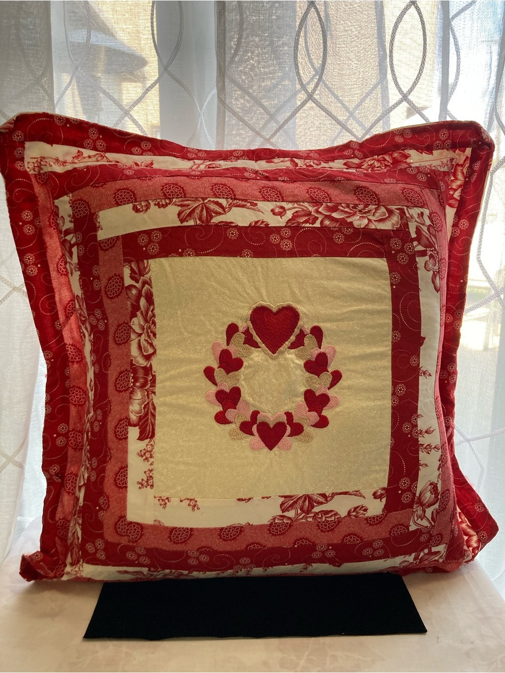 Red and Cream Heart Wreath Decorative Pillow